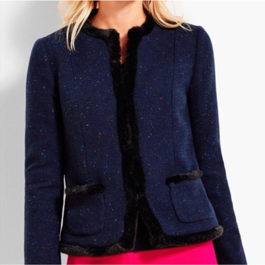 Talbots Shetland Wool Blend Navy Faux Fur Trim Blazer Jacket